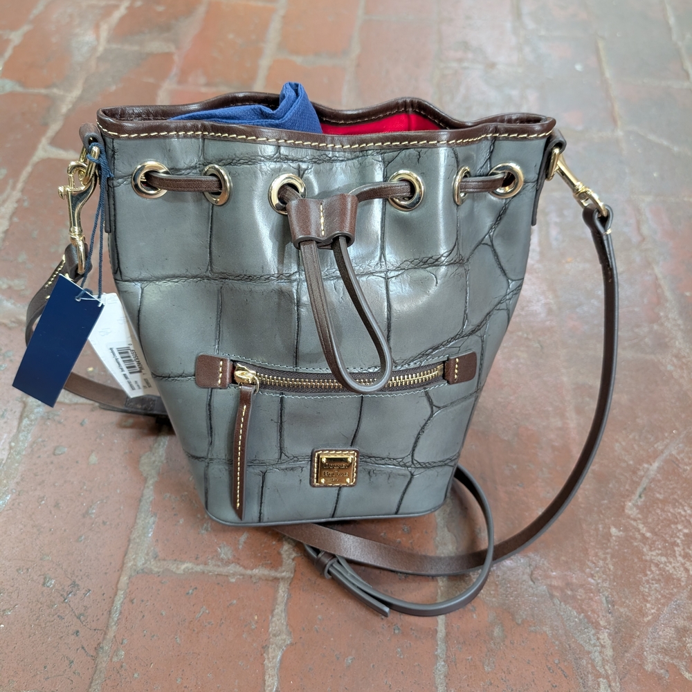 Dooney & Bourke Smoke Gray Croc Drawstring Bucket Bag